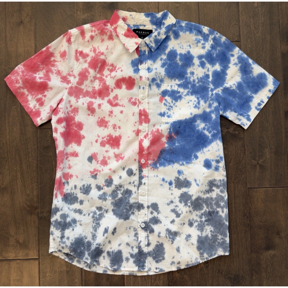 Pacsun Shirt Mens Size M Blue/Red/White‎ Tye Dye Long Sleeve Button Down Pocket